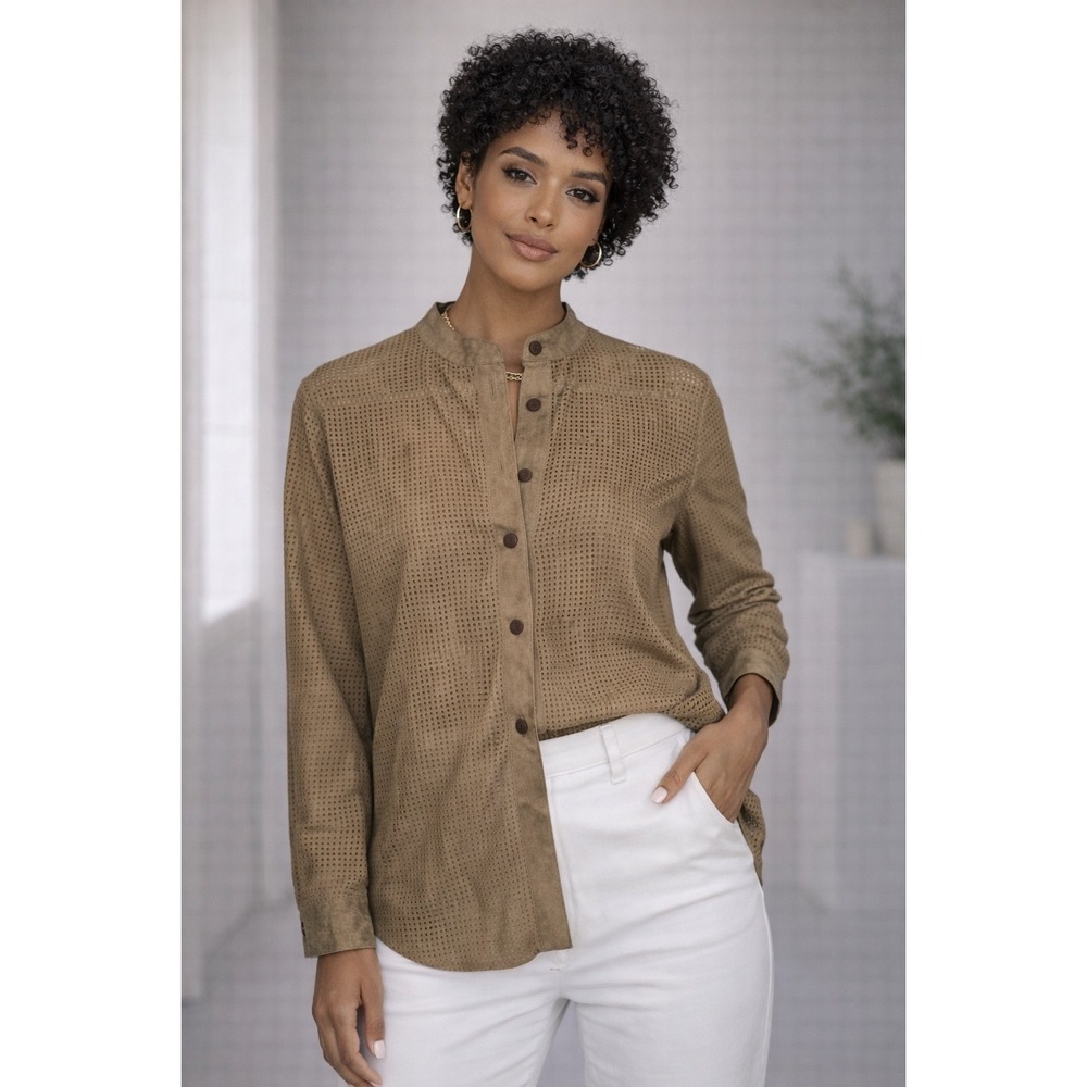 Vintage Perforated Suede Button‎ Up Shirt Tan Woman's M? Western Boho Shacket